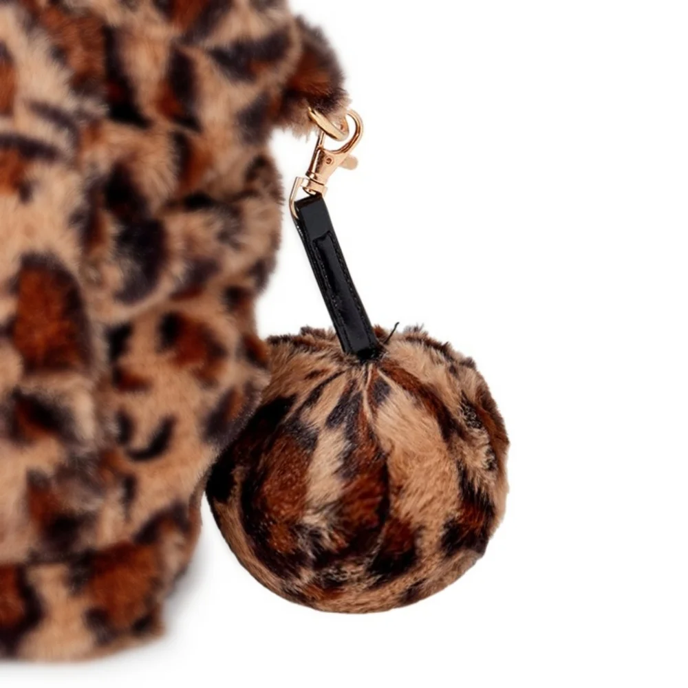 NEW Leopard Kitty Vegan Fur Handbag Wallet Pom Pom Keychain 3pc Set